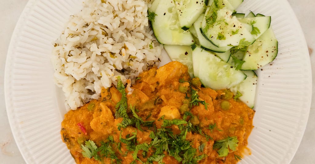 Caril de frango com arroz de coentros Refeições do dia Caril de frango com arroz de coentros