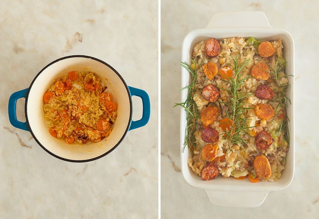 arroz e cenoura a refogar no tacho e tabuleiro de arroz de carne de cozido á portuguêsa