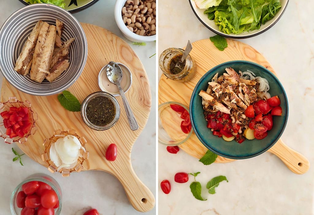 Detalhe da preparação dos ingredientes para refeição leve e do vinagrete