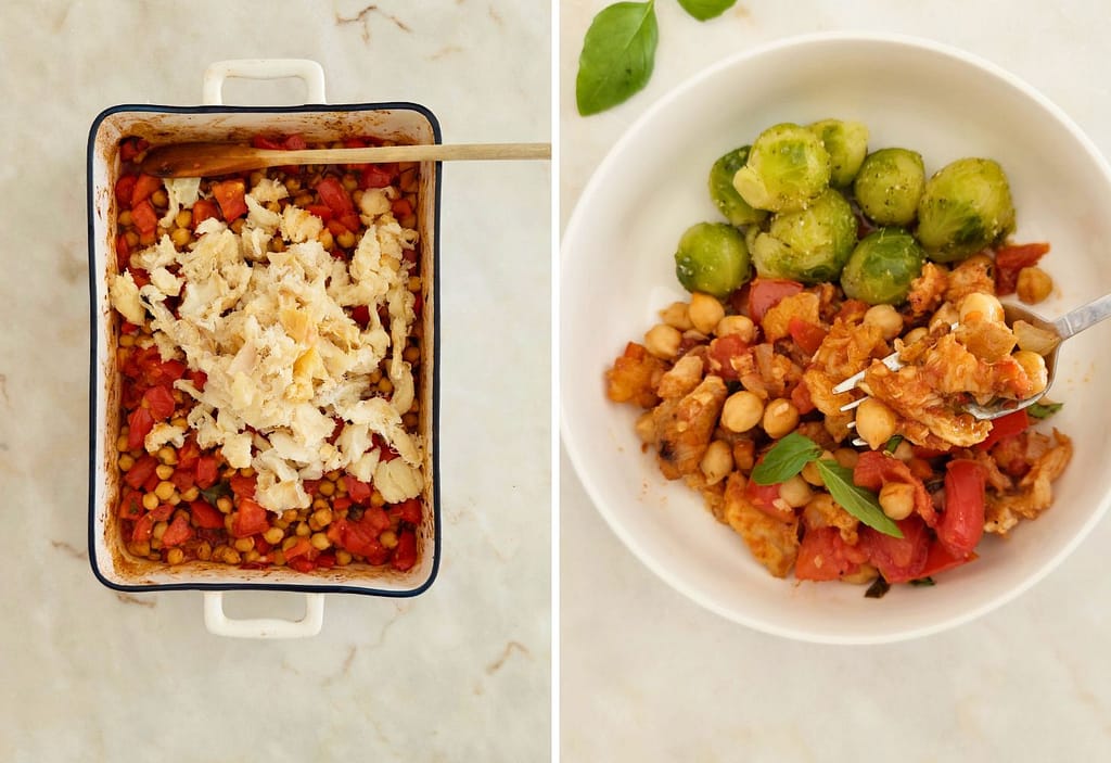 Preparation of chickpea and cod bake before going into the oven