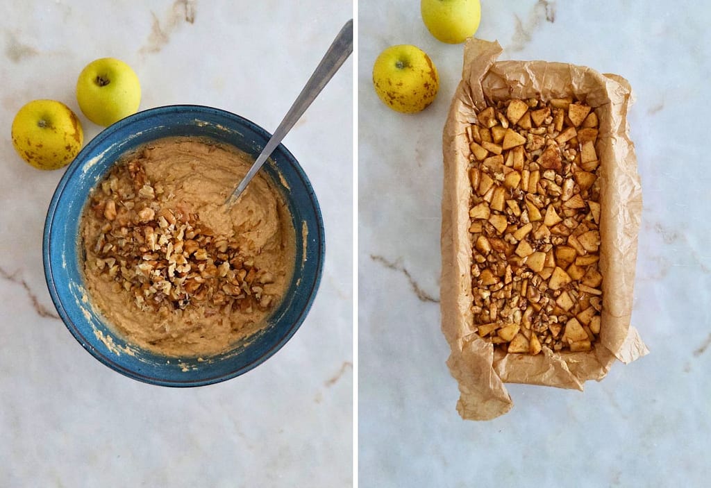 Massa na taça e na forma de pão para um Pão de Maça Canela e Nozes delicioso