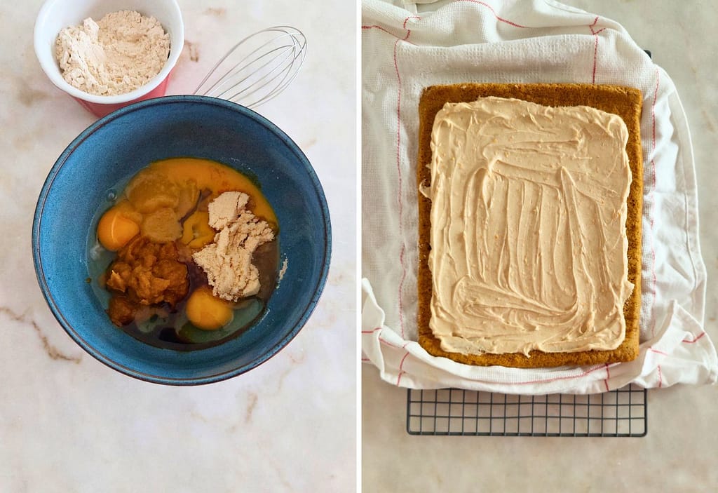 Ingredientes para massa de torta de abóbora húmida na taça e recheio de chocolate branco espalhado na torta.