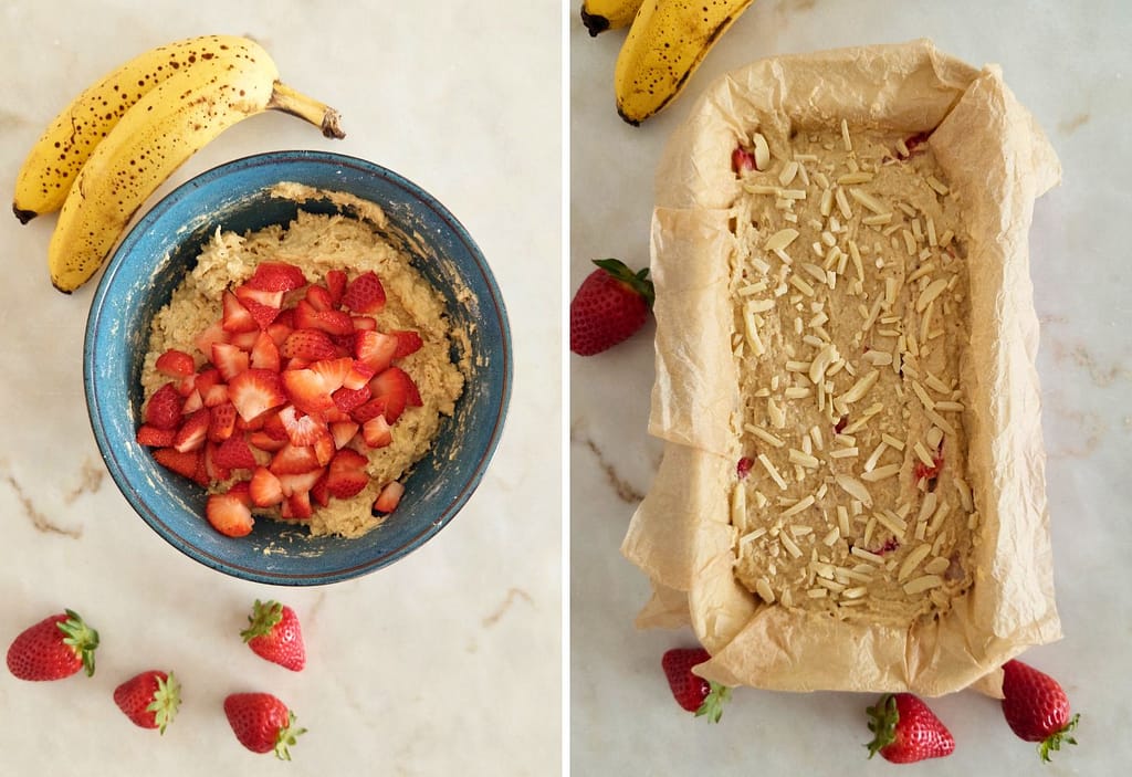 Massa para banana bread com morangos na forma
