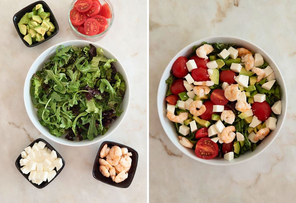 Aprende como fazer Salada de camarão e queijo fresco
