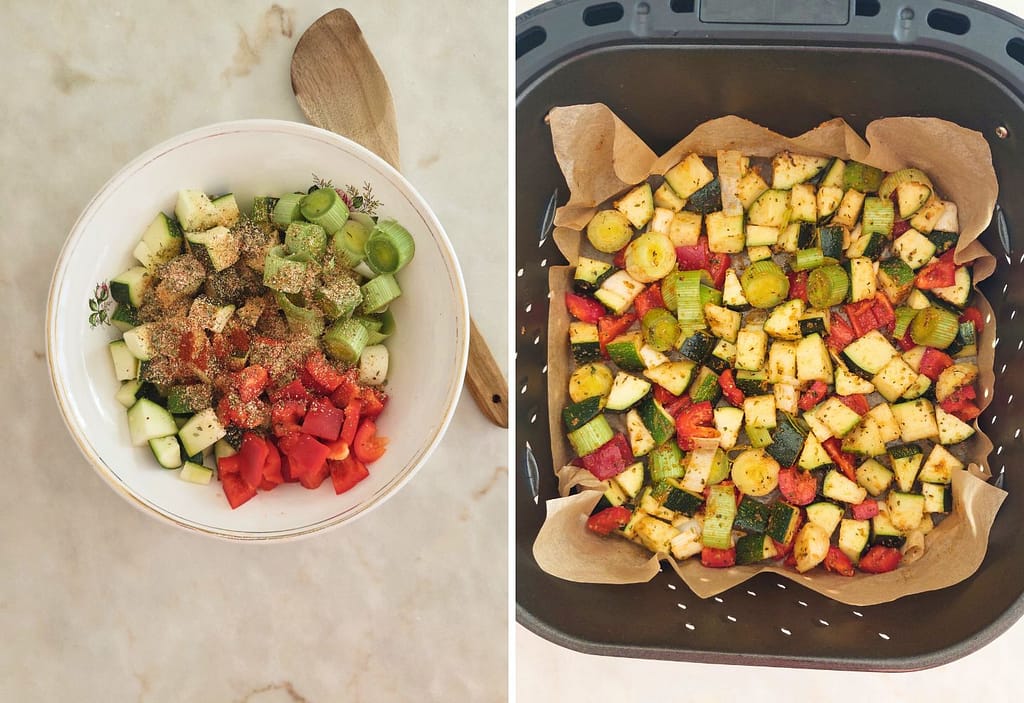 Como fazer Receita saudável de legumes na Airfryer Courgette, Pimento e Alho Francês