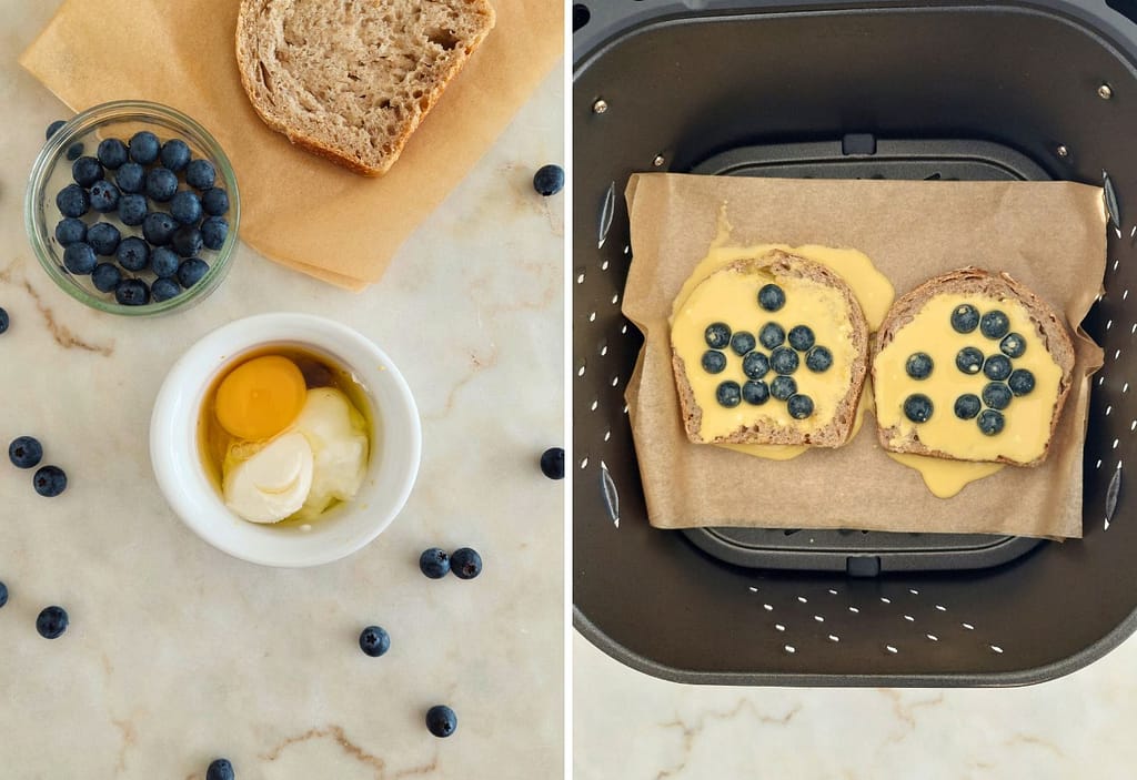 Creme de iogurte, ovo, mel e proteína com mirtilos frescos e Fatias de pão com creme e mirtilos na cesta da Airfryer