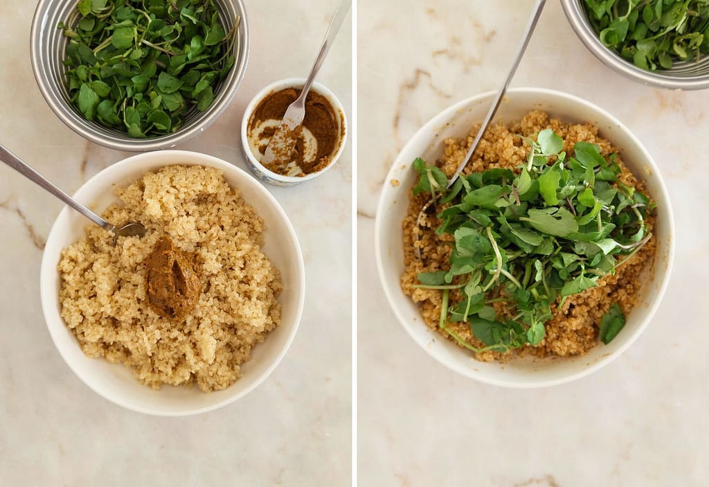 Adicionar pesto de tomate seco à quinoa e o agrião