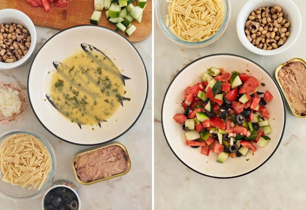 Massa e feijão frade sendo adicionados à mistura de legumes com molho vinagrete para preparar a salada