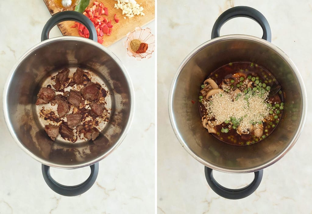 Cubos de vitela a dourar na panela antes de estufar e a adição do arroz e das ervlihas