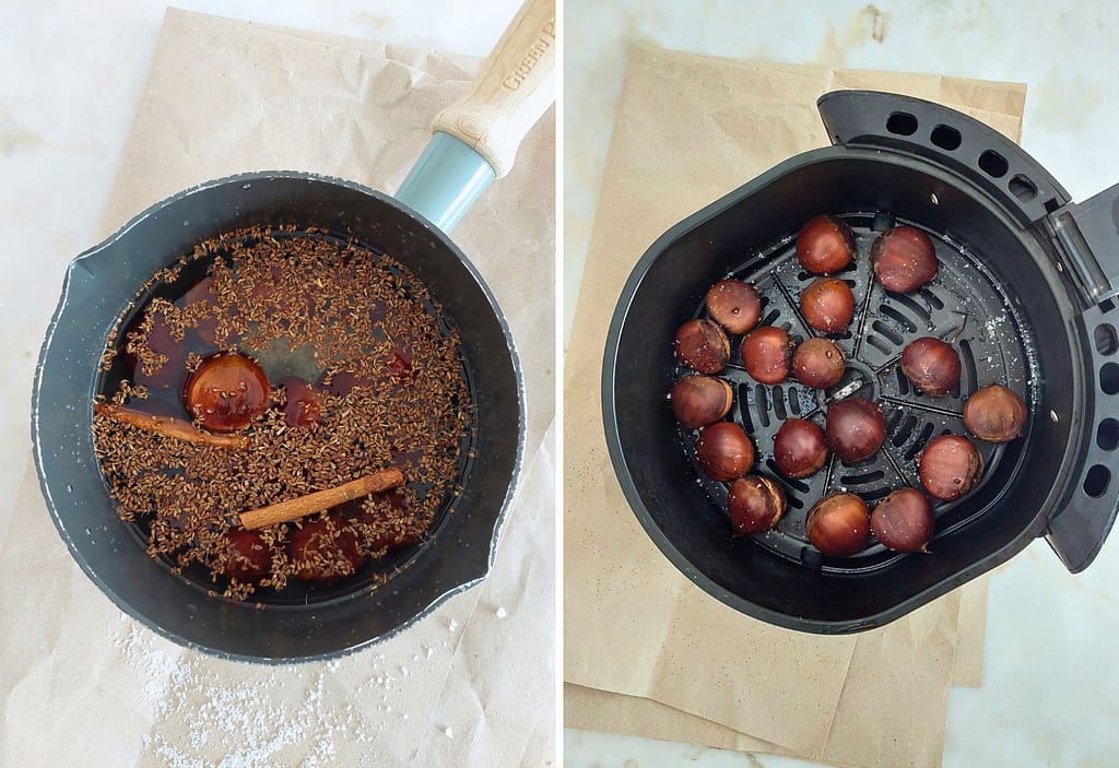 chestnuts with cuts cooking in the pan