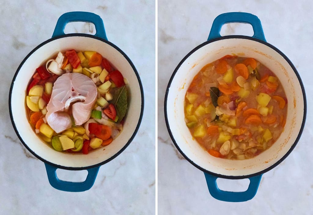 legumes cortados no tacho e cozinhados para creme de maruca