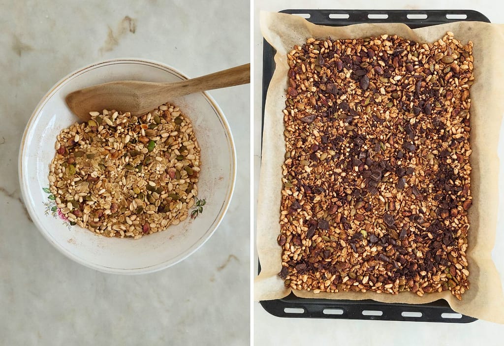 Granola no tabuleiro forrado com papel vegetal para ir assar