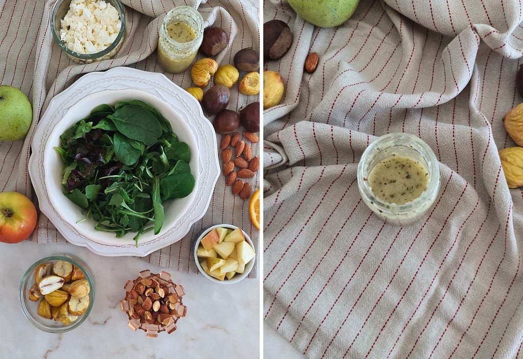 ingredientes preparados para salada delicioasa de outono, folhas verdes, amêndoas, castanhas assadas, queijo feta