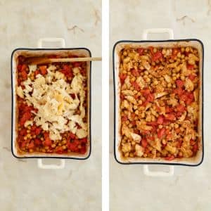 juntar o bacalhau desfiado ao grão-de-bico num tabuleiro, para ir ao forno