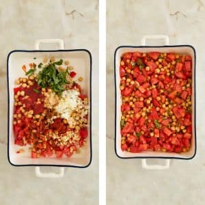 Preparação do bacalhau desfiado com grão-de-bico num tabuleiro, antes de ir ao forno