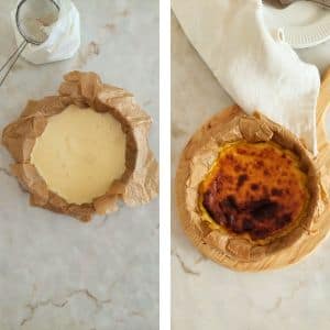 colocar a mistura da massa da tasta basca na forma redonda e forrada com papel vegetar e levar ao forno.