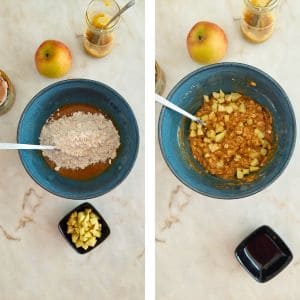 Ingredientes secos, farinha de aveia e frinha de trigo na taça para Bolachas de aveia manteiga de amendoim e maçã