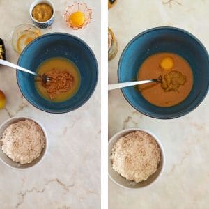 Ingredientes liquidos na taça, ovo, manteiga de amendoim e puré de maçã