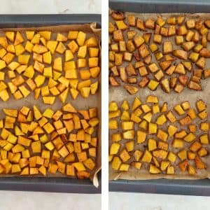 Levar a abóbora cortada em cubos e temperada ao forno