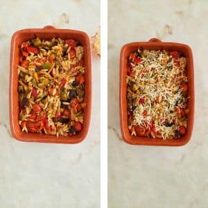 Tabuleiro com o tomate e beringela assados e massa pevide e atum