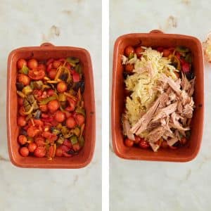 tabuleiro com os tomates e a beringela assodos no forno com o atum e a massa adicionados