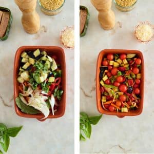 Tabuleiro com os tomates, beringela, cebola, alho, pimento pronto para ir ao forno