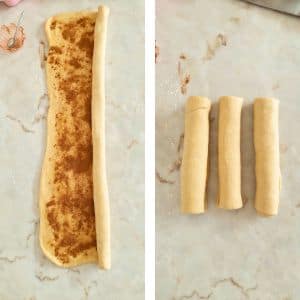 enrolar a massa e cortar em 3