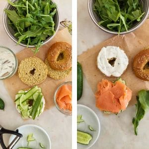 colocar no bagel o pepino e o salmão fumado