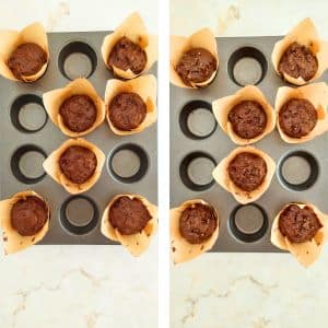 dividir a massa pelas formas de muffins de chocolate e cereja