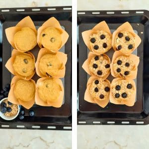 divide a massa dos muffins de mirtilos por 6 formas e polvilha com aveia