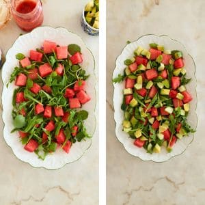 juntar ás folhas verdes a melancia, o pepino e o abacate