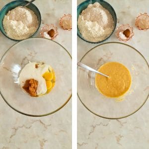Mistura de puré de abóbora, kefir, ovos, mel e óleo de coco