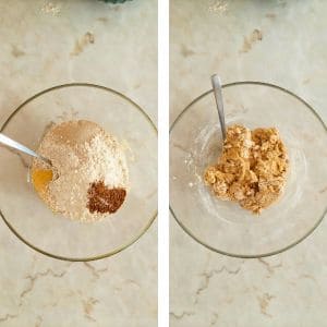 juntar as farinhas á mistura de abóbora - Massa pegajosa de waffles depois de misturar farinha, fermento e canela