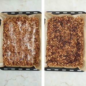 Granola no tabuleiro forrado com papel vegetal com coco ralado e chocolate negro