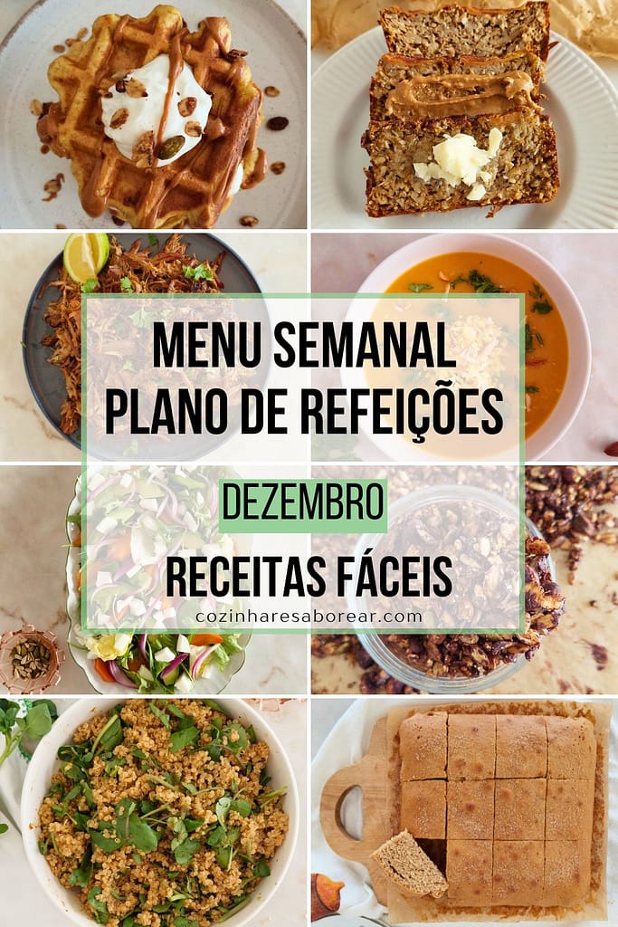 Menu Semanal de Dezembro 2025 Ideias de Refeições da Semana - waffles, pão de diospiro, carnitas, sopa de abóbora, salada de diospiro, granola, quinoa com pesto, bolo de canela e limão