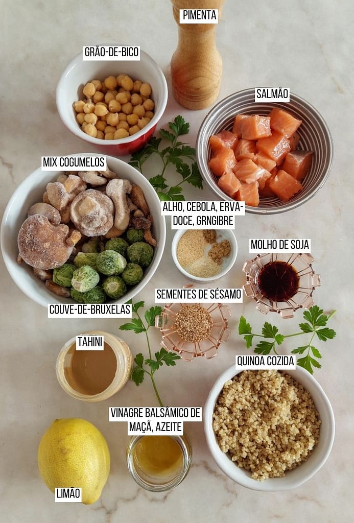 Ingredientes frescos dispostos na bancada para almoço ou jantar fácil e rápido em 20 minutos