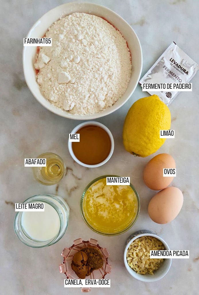 Ingredientes dispostos na pedra branca para receita de páscoa