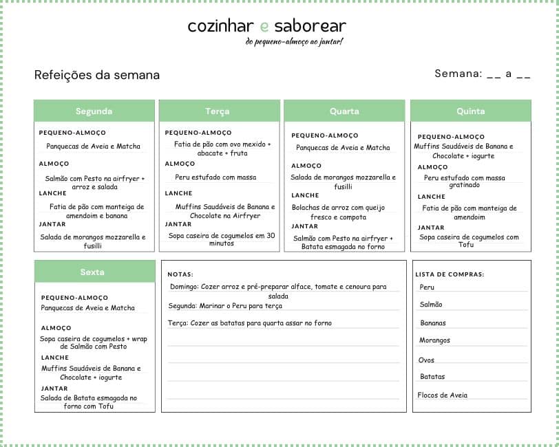 Planear ementa semanal com receitas rápidas Sem Fazer Meal Prep