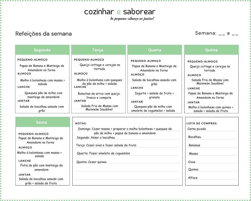 Ementa semanal com receitas rápidas e saudáveis