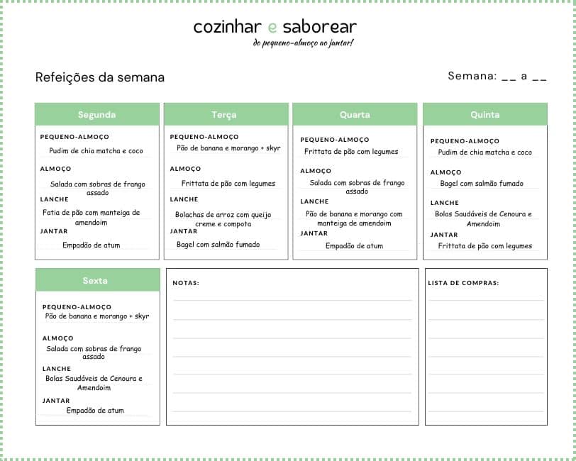 Menu para as refeições para toda a semana julho 2025