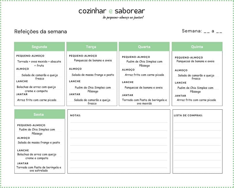 Menu para as refeições para toda a semana agosto 2025