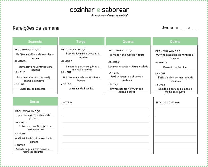 Menu para as refeições para toda a semana setembro 2025