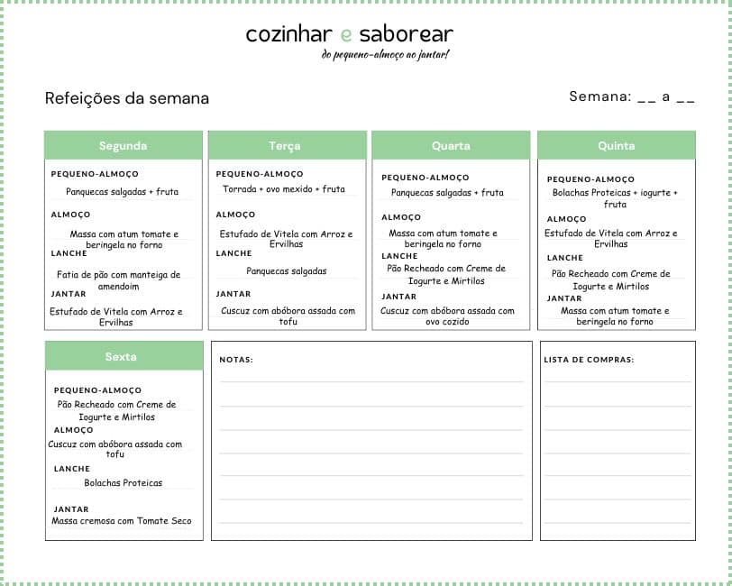 Menu para as refeições para toda a semana outubro 2025