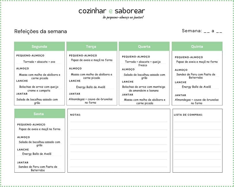 Ementa preenchida do Menu para as refeições para toda a semana NOVEMBRO 2025