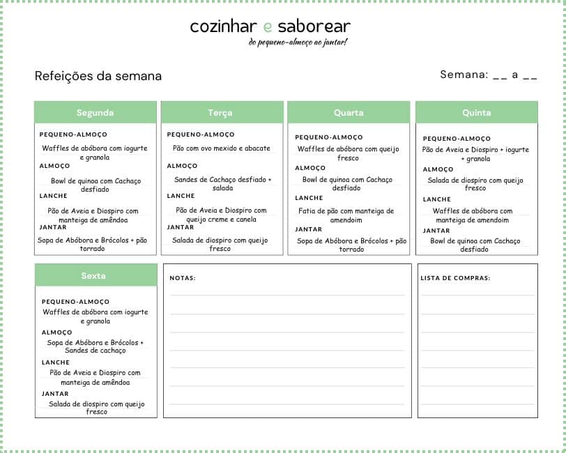 Planner com o menu para as refeições para toda a semana dezembro 2025